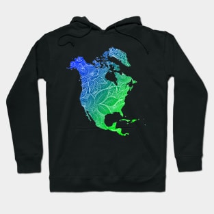 Colorful mandala art map of North America with text in blue and green Hoodie